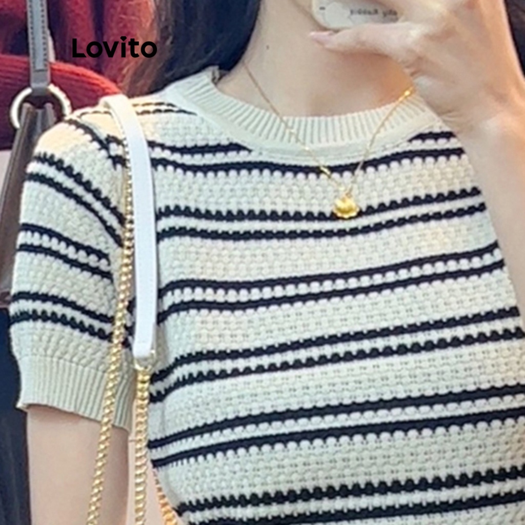 Lovito Áo dệt kim cổ tròn sọc mùa xuân hè thông thường dành cho nữ LNE13021 | BigBuy360 - bigbuy360.vn