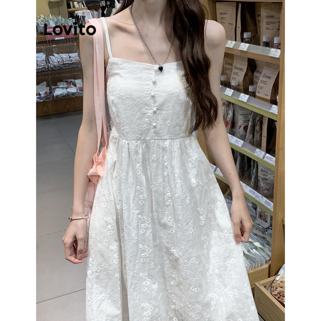 Đầm midi Lovito kiểu chữ A không tay cài nút phía trước thêu lỗ màu trơn boho cho nữ LNE09196 (Trắng) | BigBuy360 - bigbuy360.vn