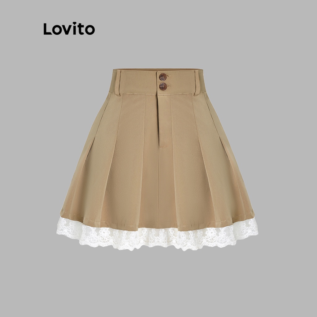 Chân váy ren Lovito trơn phối nút phía trước cho nữ L54ED089
