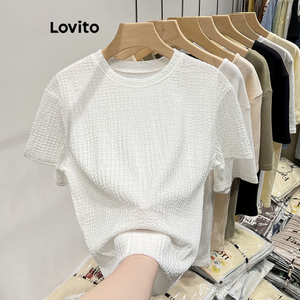 Áo thun Lovito vải jacquard màu trơn thường ngày cho nữ LNE16065