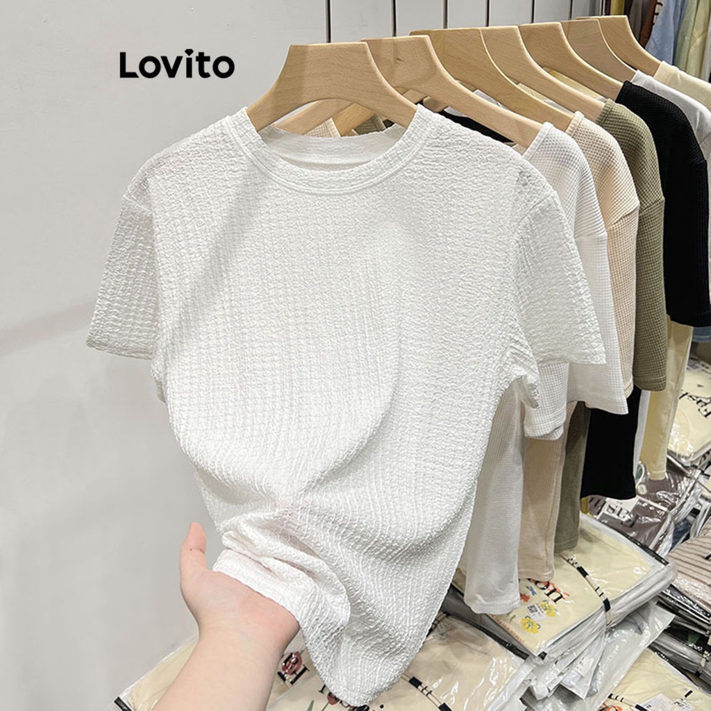 Áo thun Lovito vải jacquard màu trơn thường ngày cho nữ LNE16065