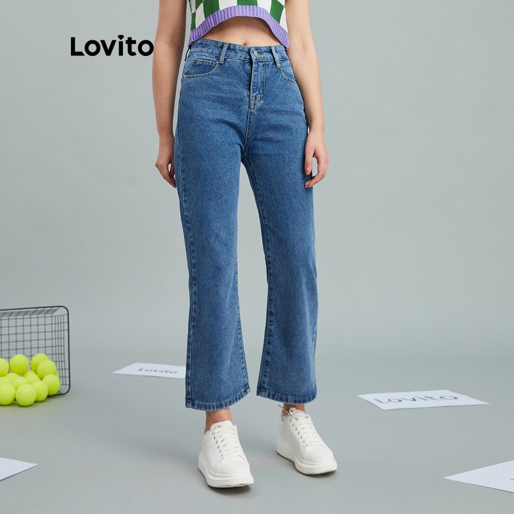 Quần jean Lovito vải denim lưng cao có túi thời trang thời trang thường ngày L10055