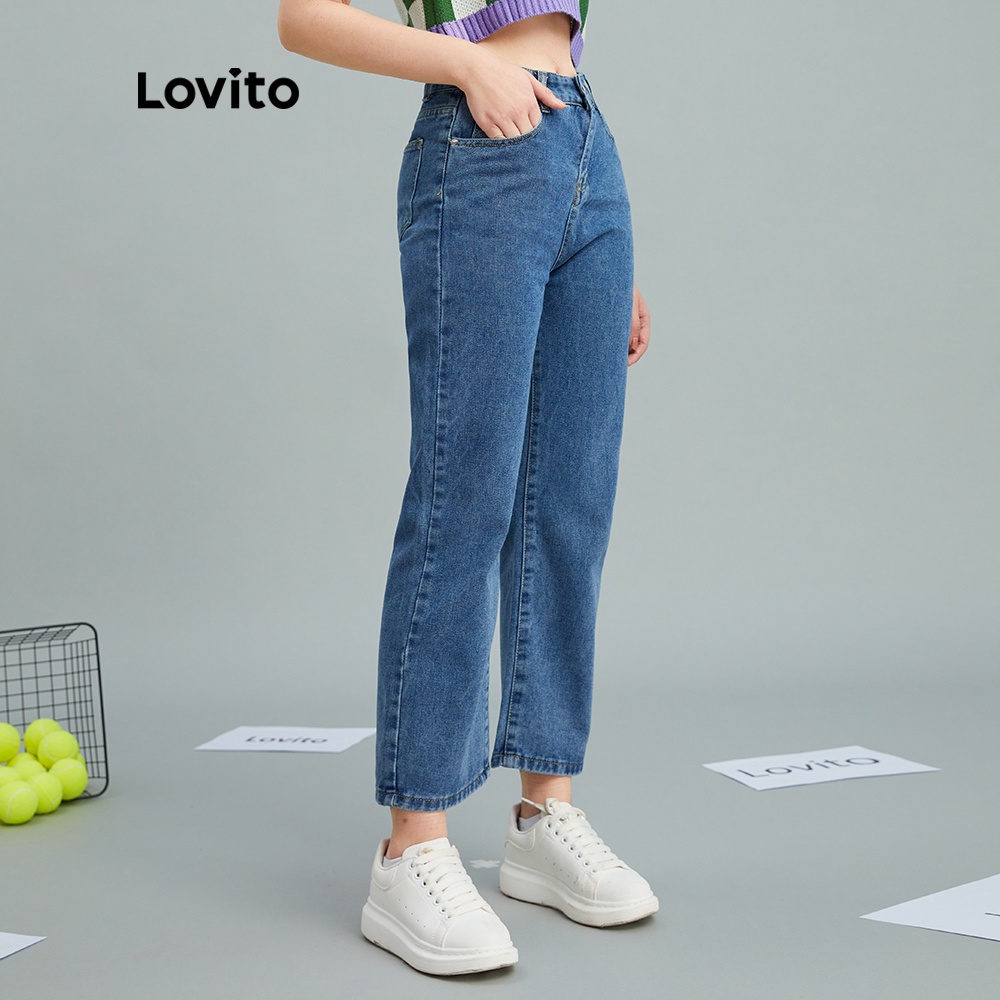 Quần jean Lovito vải denim lưng cao có túi thời trang thời trang thường ngày L10055