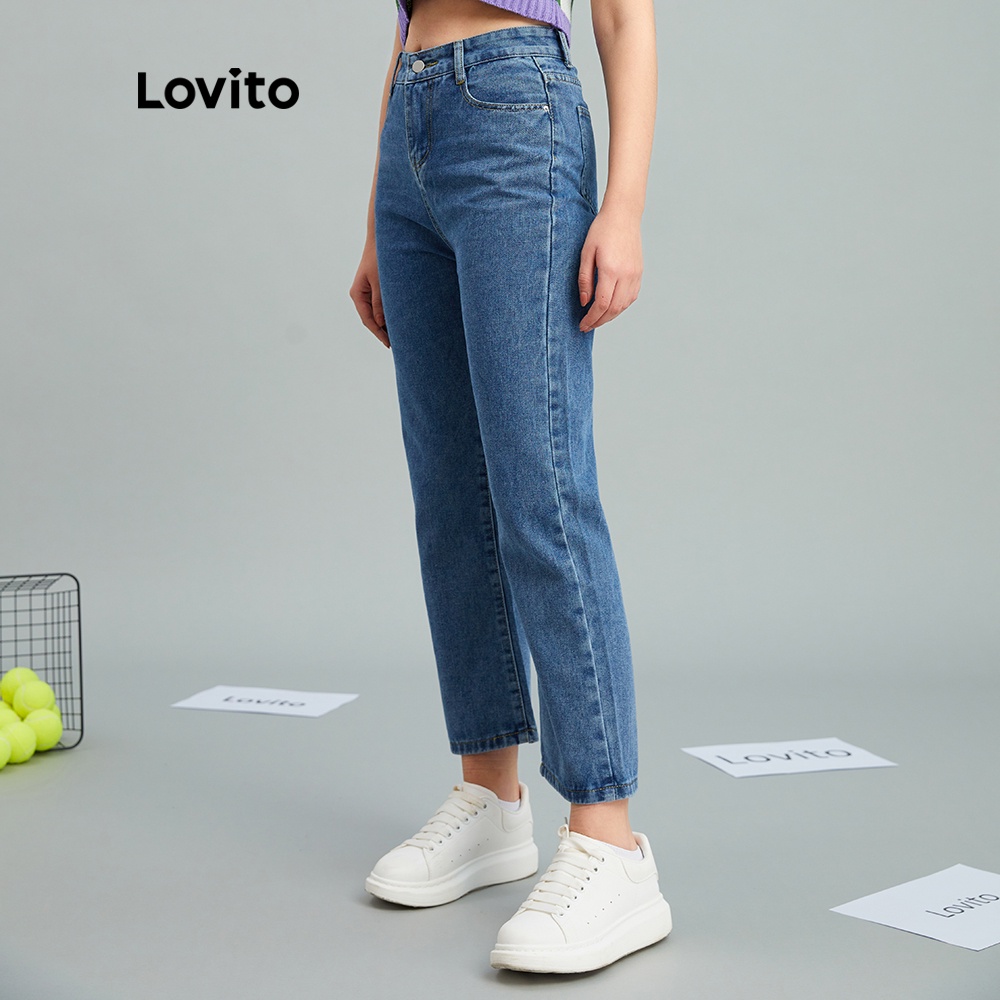 Quần jean Lovito vải denim lưng cao có túi thời trang thời trang thường ngày L10055