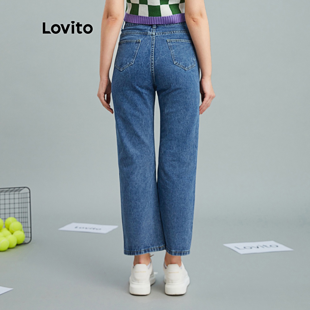 Quần jean Lovito vải denim lưng cao có túi thời trang thời trang thường ngày L10055