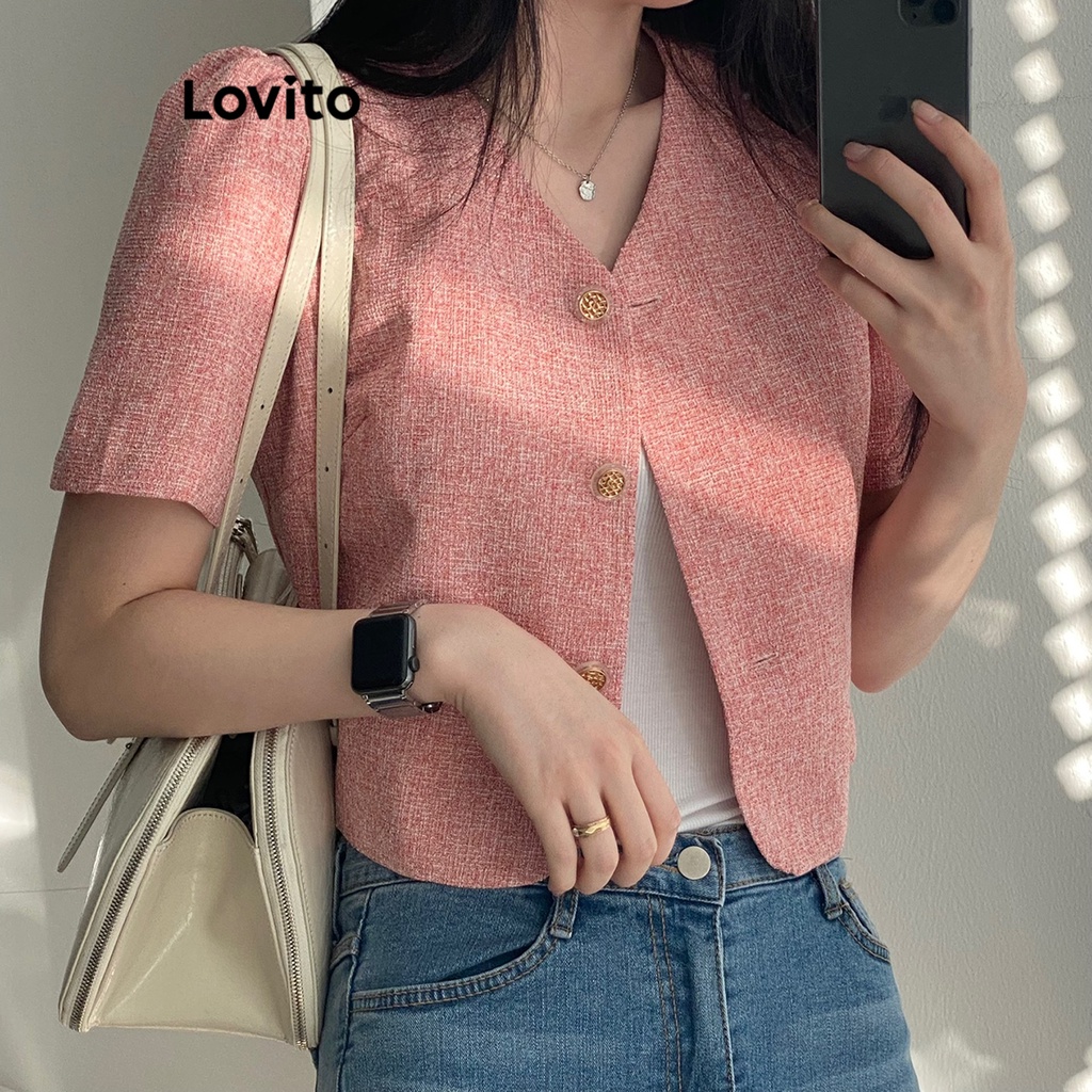 Áo blazer Lovito phối nút màu trơn thường ngày cho nữ LNE16081
