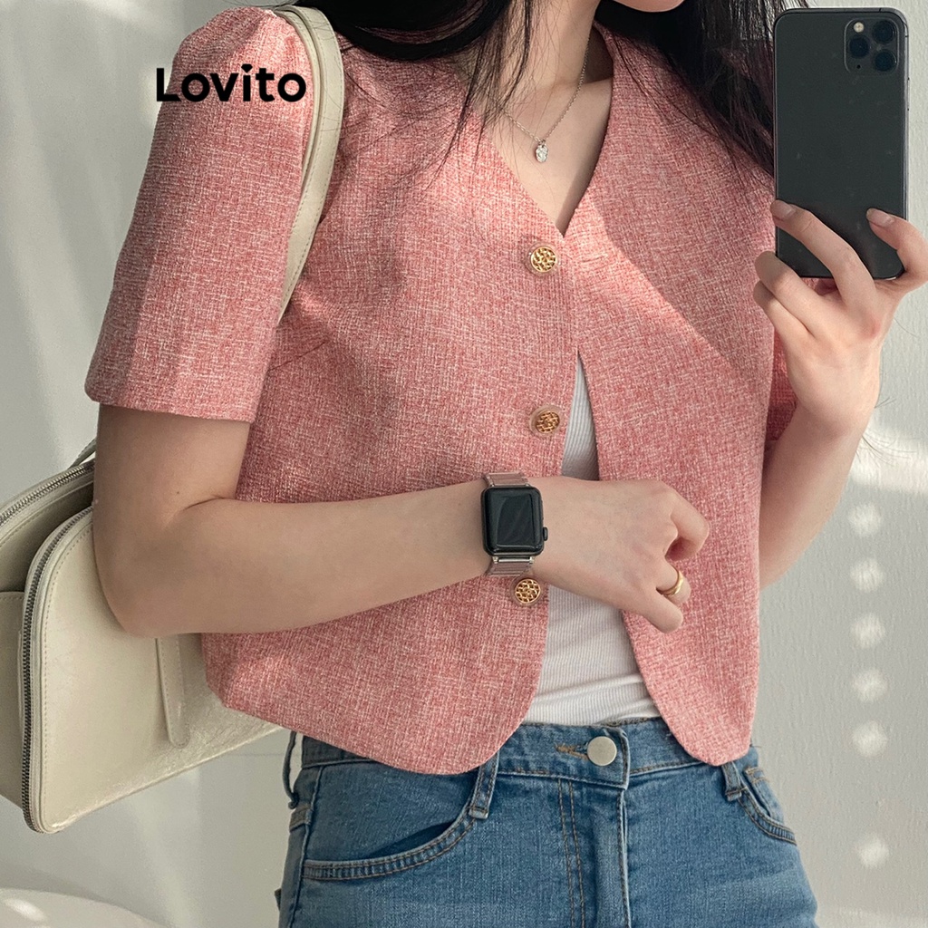Áo blazer Lovito phối nút màu trơn thường ngày cho nữ LNE16081