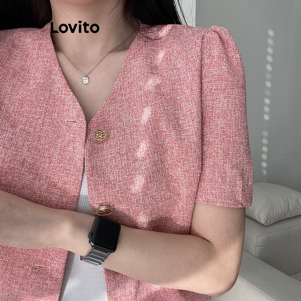 Áo blazer Lovito phối nút màu trơn thường ngày cho nữ LNE16081