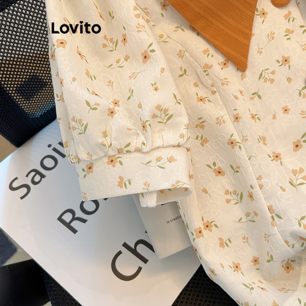 Áo kiểu Lovito cổ tương phản tay phồng ghép nối màu sắc họa tiết hoa nhí thường ngày cho nữ LNA16038 (Nhiều màu) | BigBuy360 - bigbuy360.vn