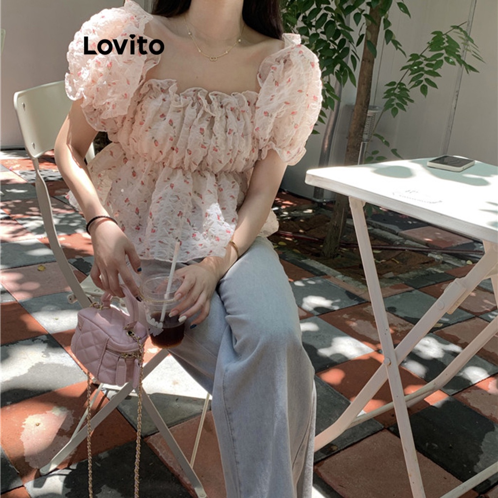 Áo kiểu Lovito có cổ lai bèo xếp nếp họa tiết hoa nhí thường ngày cho nữ LNA16141