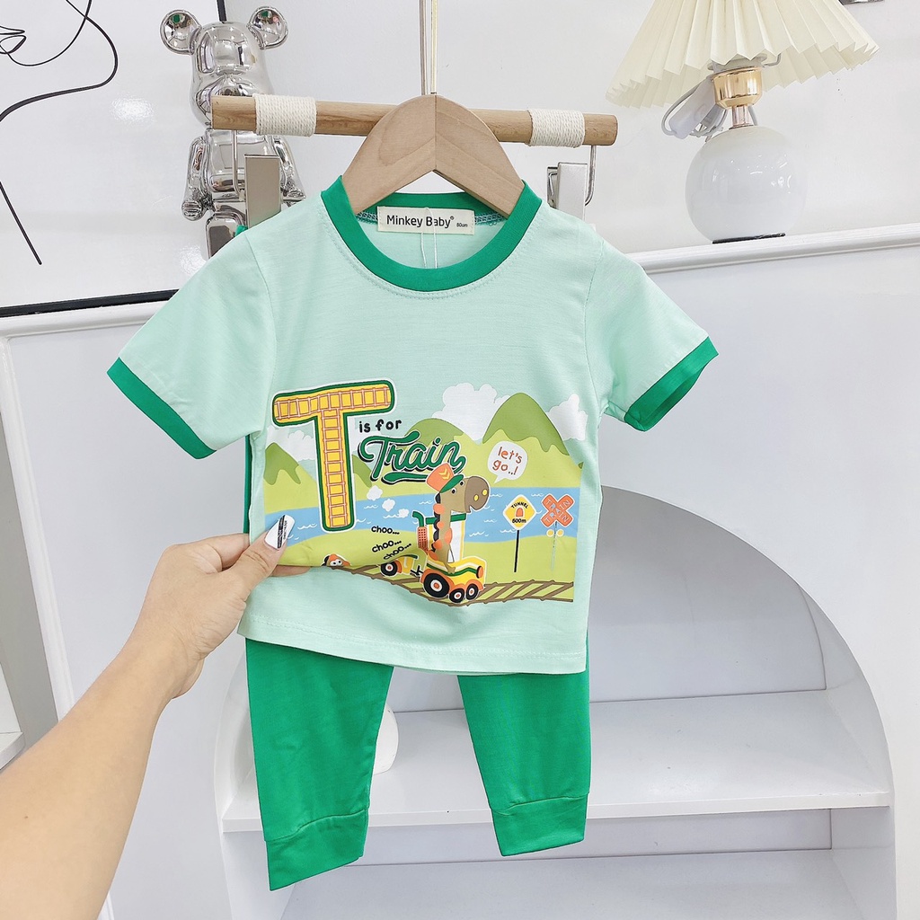 Bộ Tay Cộc Minkey Baby Chất Thun Lạnh In Họa Tiết Hoạt Hình Dể Thương  Trai -Bé Gái