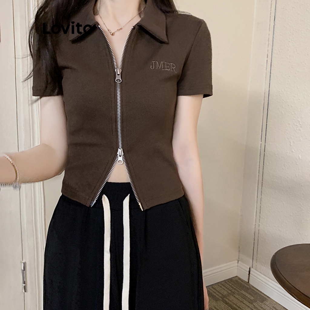 Áo croptop thun Lovito phối dây kéo thêu họa tiết thường ngày cho nữ LNA09190