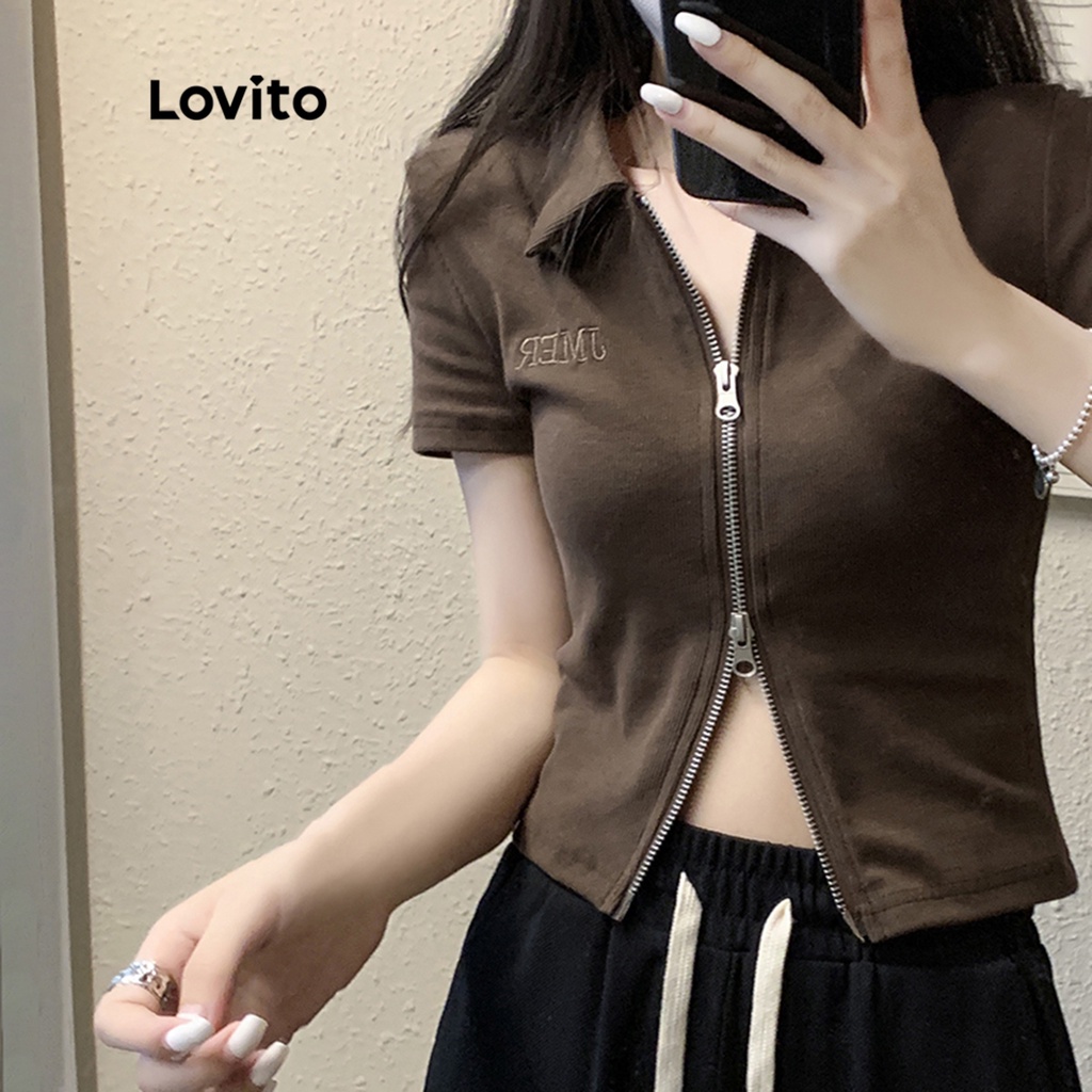 Áo croptop thun Lovito phối dây kéo thêu họa tiết thường ngày cho nữ LNA09190