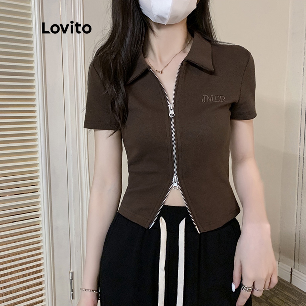 Áo croptop thun Lovito phối dây kéo thêu họa tiết thường ngày cho nữ LNA09190