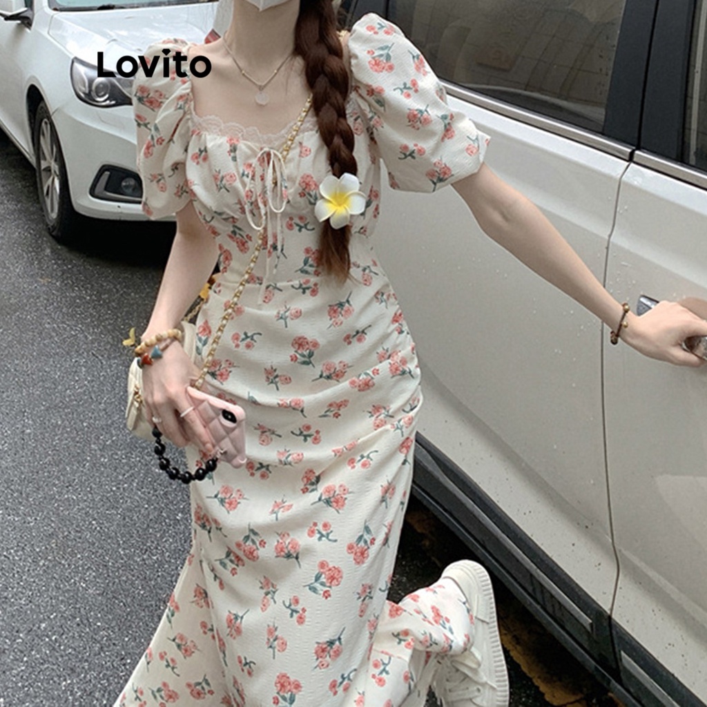 Đầm Lovito xếp ly họa tiết hoa tay phồng thời trang Boho cho nữ LNE13089