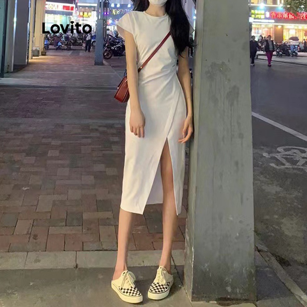 Đầm midi Lovito dáng bút chì tay ngắn cổ tròn bất đối xứng xẻ tà màu trơn thường ngày cho nữ LNE09173 (Trắng)