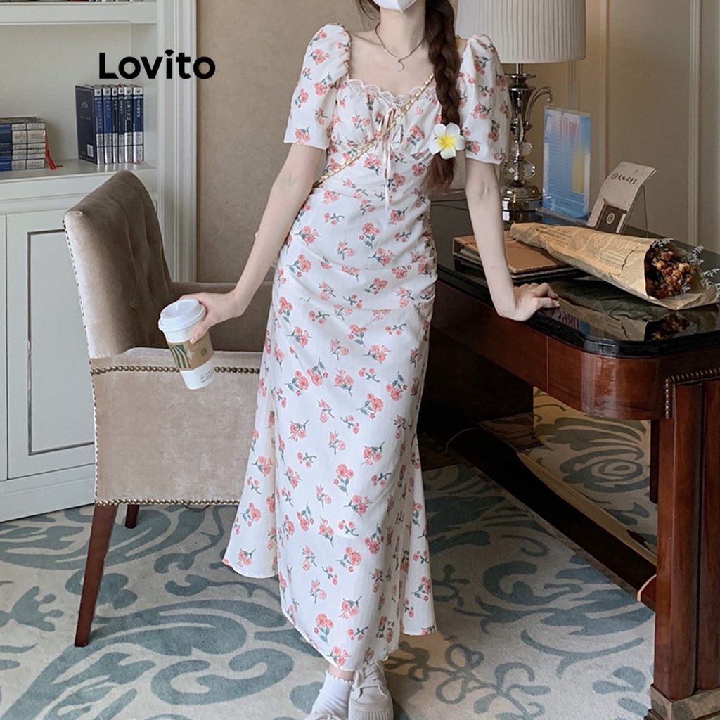 Đầm Lovito xếp ly họa tiết hoa tay phồng thời trang Boho cho nữ LNE13089