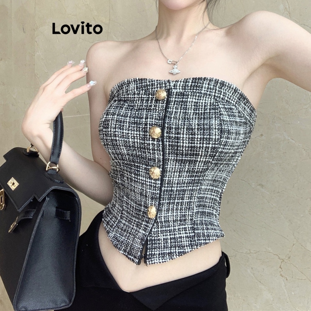 Áo thun Lovito chất vải tuýt phối nút màu trơn thường ngày cho nữ LNE16058