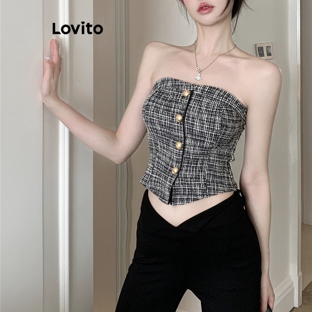 Áo thun Lovito chất vải tuýt phối nút màu trơn thường ngày cho nữ LNE16058