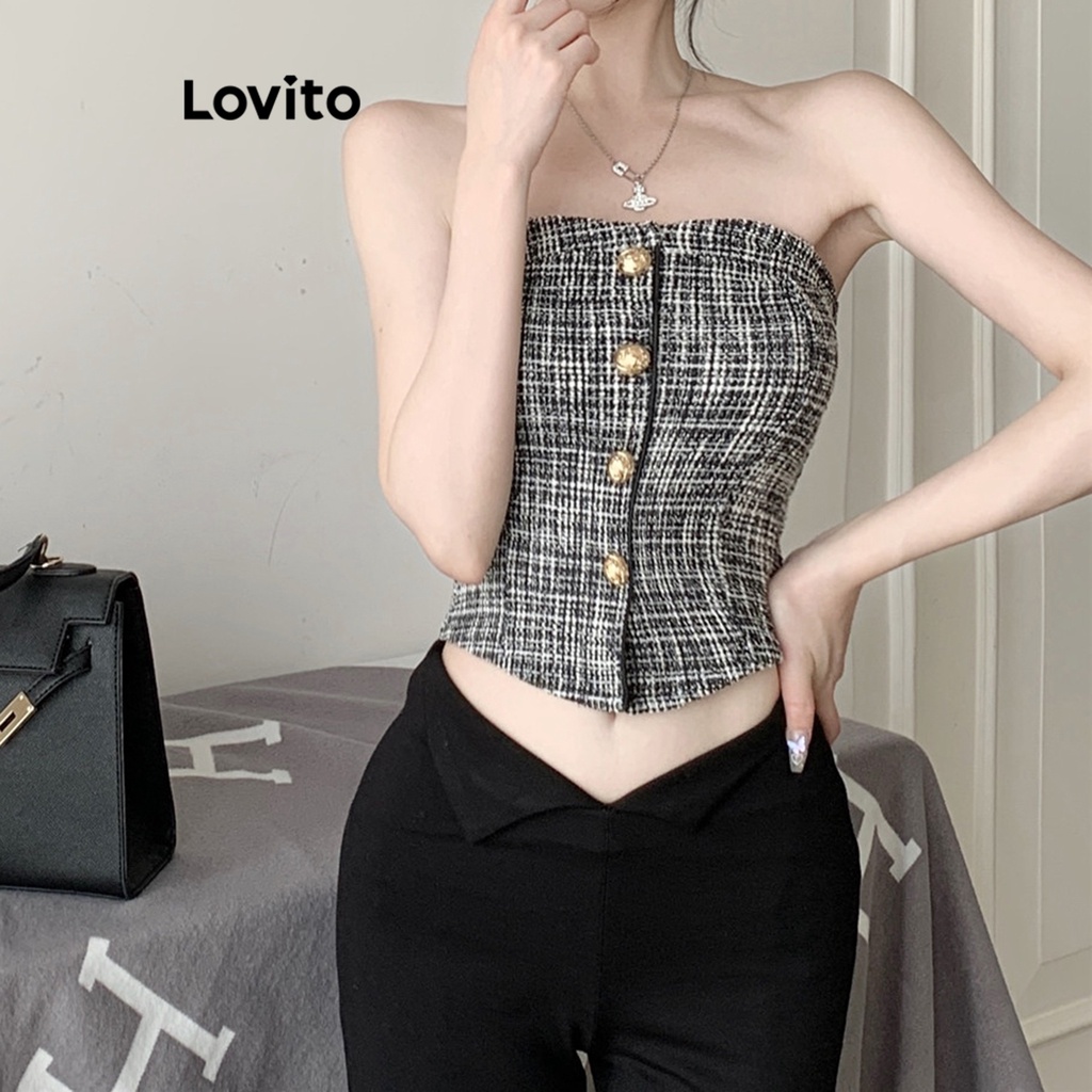 Áo thun Lovito chất vải tuýt phối nút màu trơn thường ngày cho nữ LNE16058