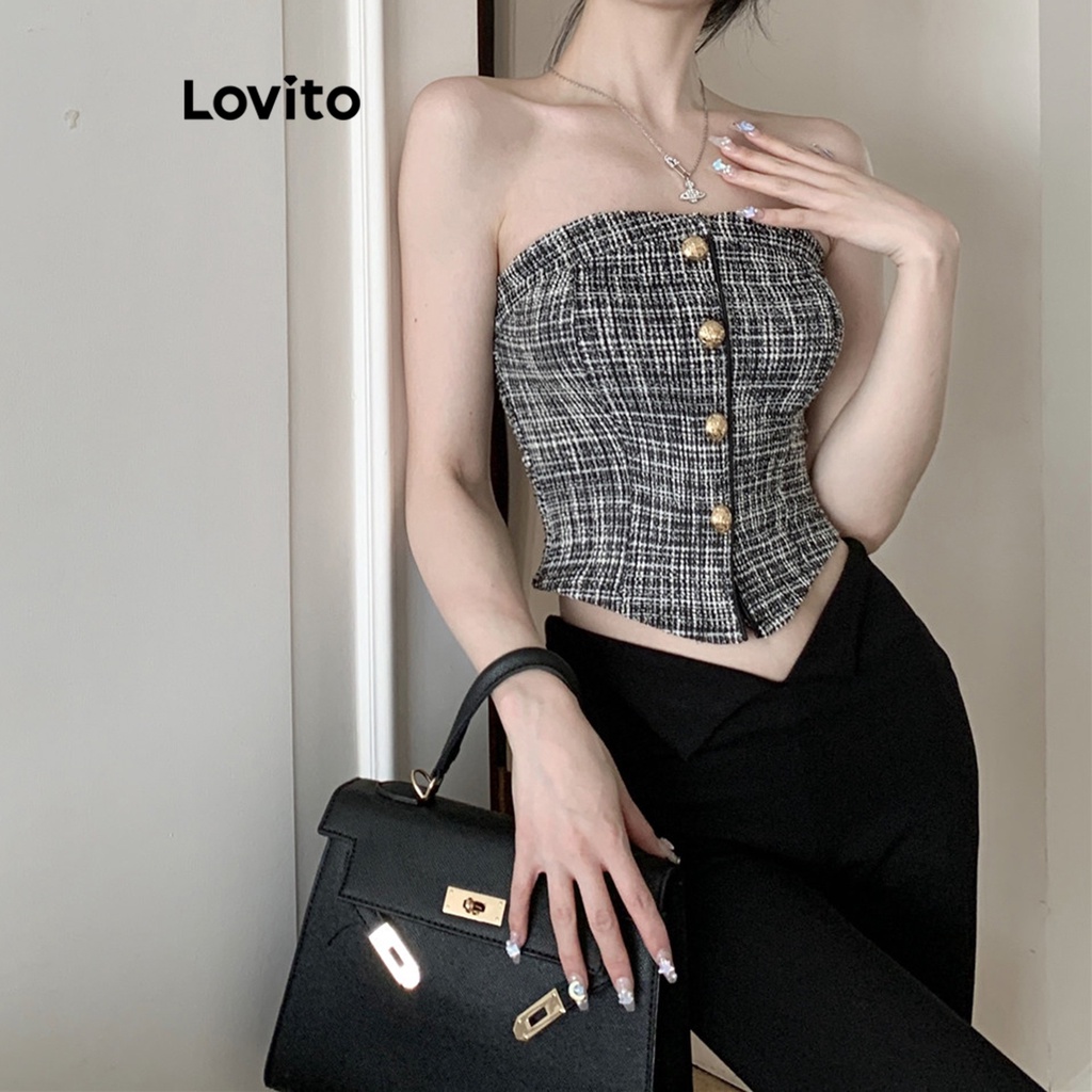 Áo thun Lovito chất vải tuýt phối nút màu trơn thường ngày cho nữ LNE16058