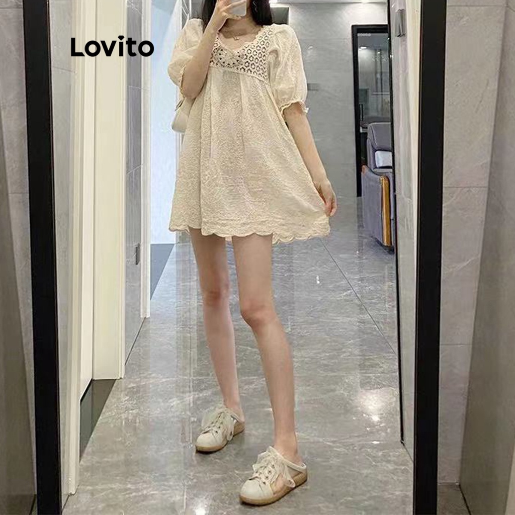 Đầm midi Lovito kiểu chữ A tay ngắn lỗ thêu màu trơn thường ngày cho nữ LNE09189