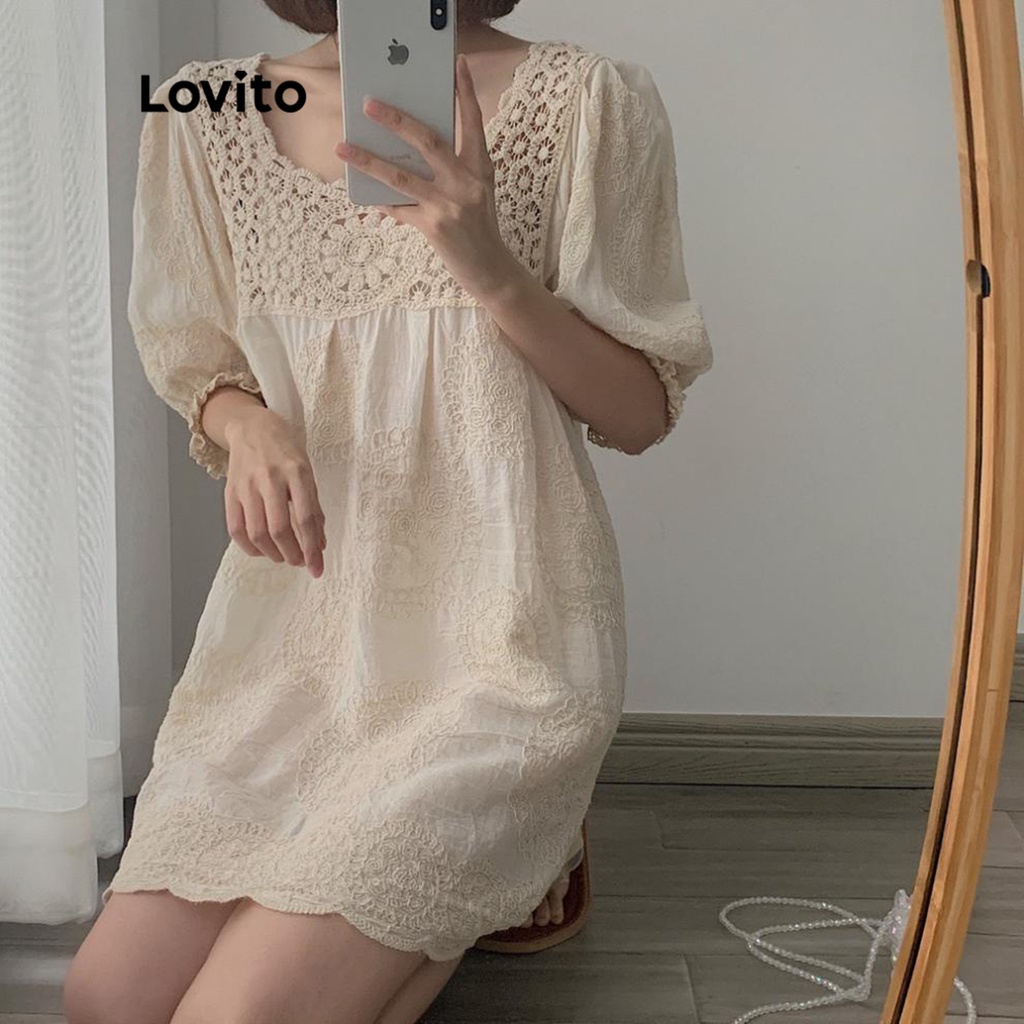 Đầm midi Lovito kiểu chữ A tay ngắn lỗ thêu màu trơn thường ngày cho nữ LNE09189