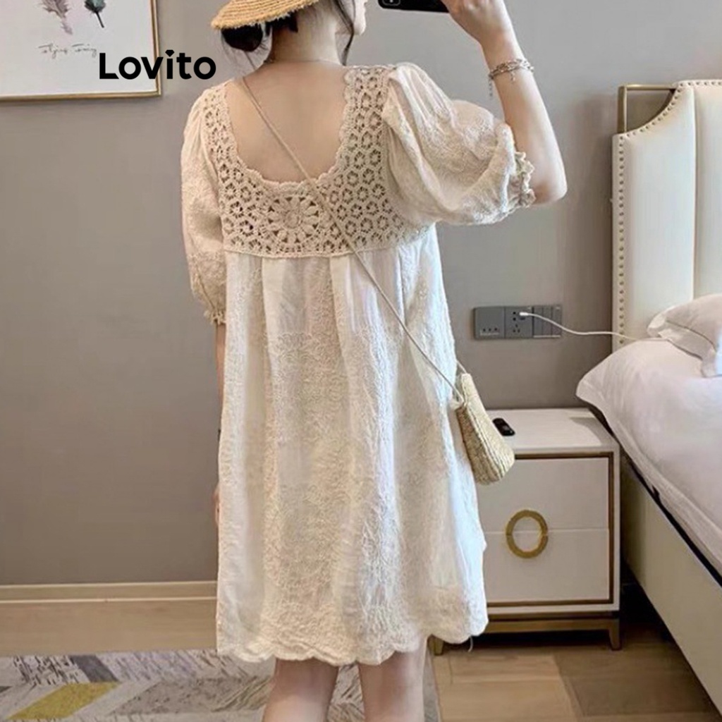 Đầm midi Lovito kiểu chữ A tay ngắn lỗ thêu màu trơn thường ngày cho nữ LNE09189