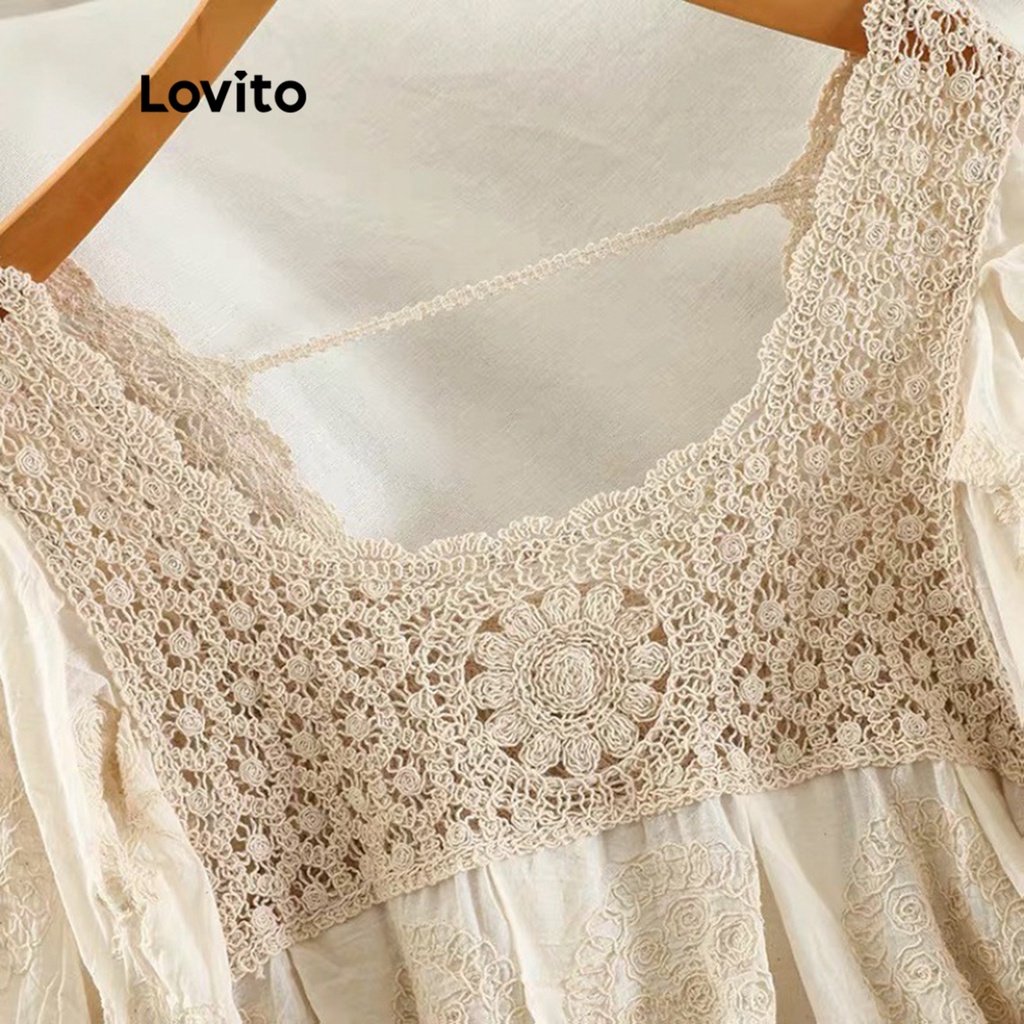 Đầm midi Lovito kiểu chữ A tay ngắn lỗ thêu màu trơn thường ngày cho nữ LNE09189