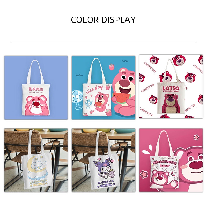 Túi Đeo Vai Vải canvas Họa Tiết Gấu Và Dâu Tây Dễ Thương Cho Nữ