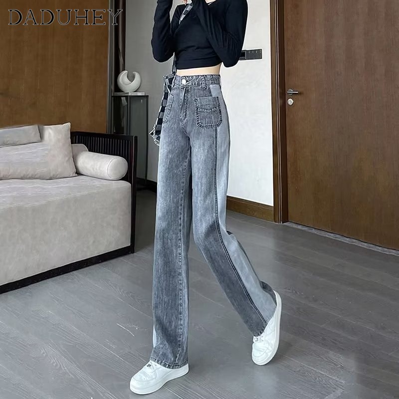 Quần jean DADUHEY lưng cao ống rộng phong cách đường phố Mỹ cổ điển thời trang cao cấp size lớn