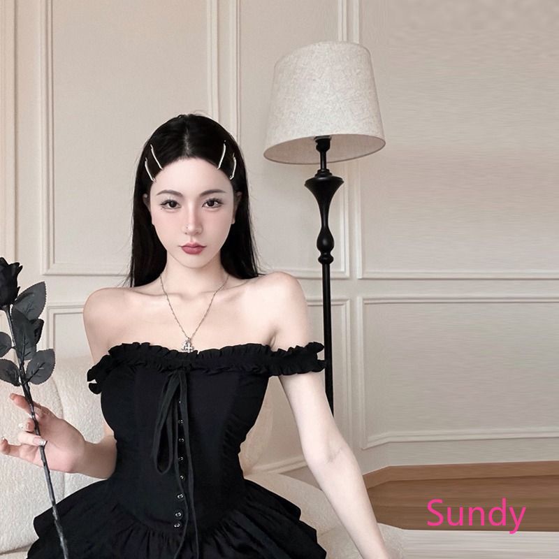 Đầm Đen Trễ Vai Xếp Ly Thời Trang Mùa Hè Quyến Rũ Cho Nữ