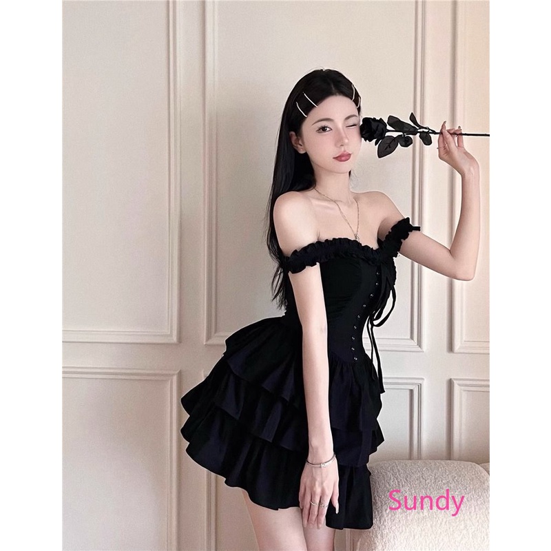 Đầm Đen Trễ Vai Xếp Ly Thời Trang Mùa Hè Quyến Rũ Cho Nữ