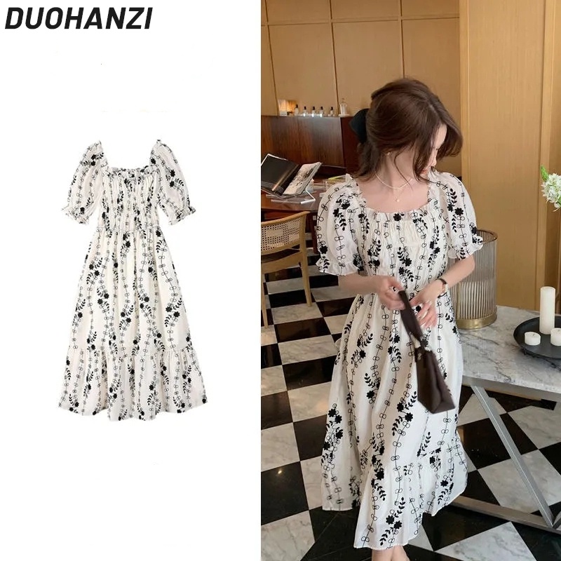 Duoohanzi Đầm Dài Trễ Vai Tay Phồng Màu Trơn Phong Cách Thần Tiên Mùa Hè Thời Trang Sang Trọng Cho Nữ