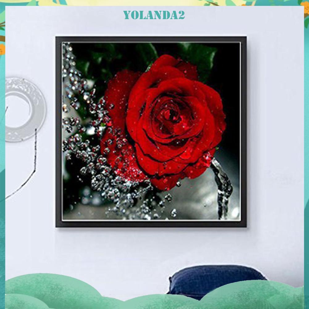 Tranh Thêu Chữ Thập Đính Đá Hình Hoa Hồng Đỏ 5d diy 30x30cm