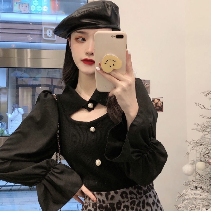 Áo Sơ Mi Dệt Kim Tay Phồng Hở Lỗ Thời Trang Mùa Hè Hàn Quốc Thiết Kế Mới Cho Nữ