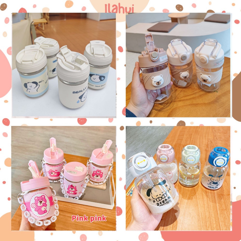 Bình nhựa bình nươc đi học 500ml có ống hút bọc da dễ thương ILAHUI Phụ kiện và Quà tặng
