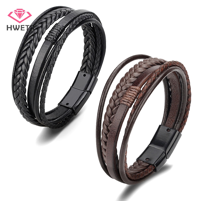 Vòng Tay Da Bện Nhiều Lớp Bằng Thép Không Gỉ Thời Trang Cho Nam Mới