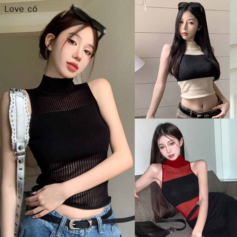 Áo Dệt Kim Sát Nách Cổ Lọ Màu Trơn Thời Trang Mùa Hè Cho Nữ