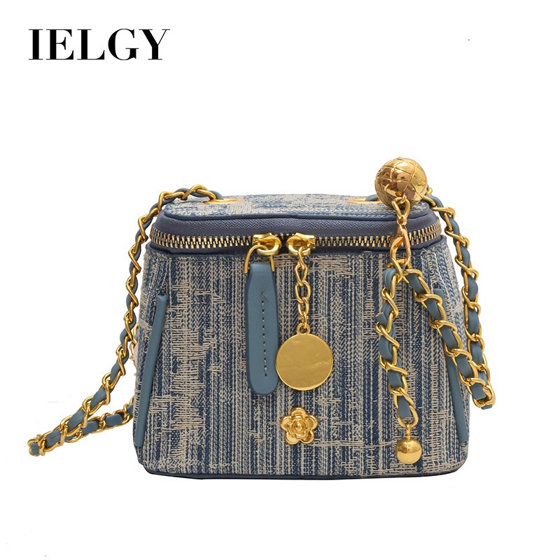 Ielgy Túi Đeo Chéo denim Họa Tiết Kẻ Sọc Màu Xanh Dương Phong Cách Phương Tây Thời Trang Cho Nữ