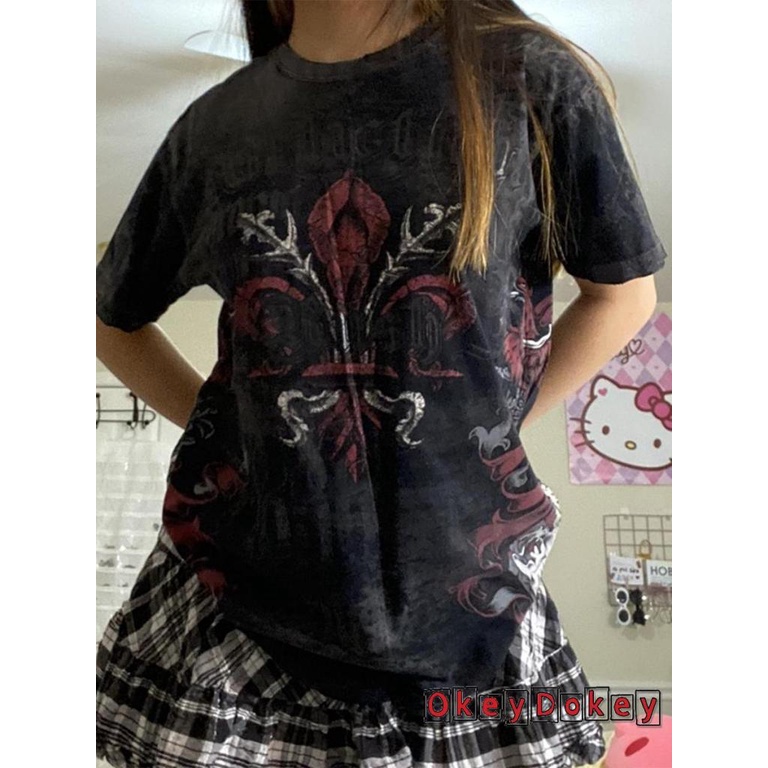 Áo Thun Nữ Tay Ngắn In Hình Đầu Lâu Phong Cách gothic Thời Trang okdk-y2k