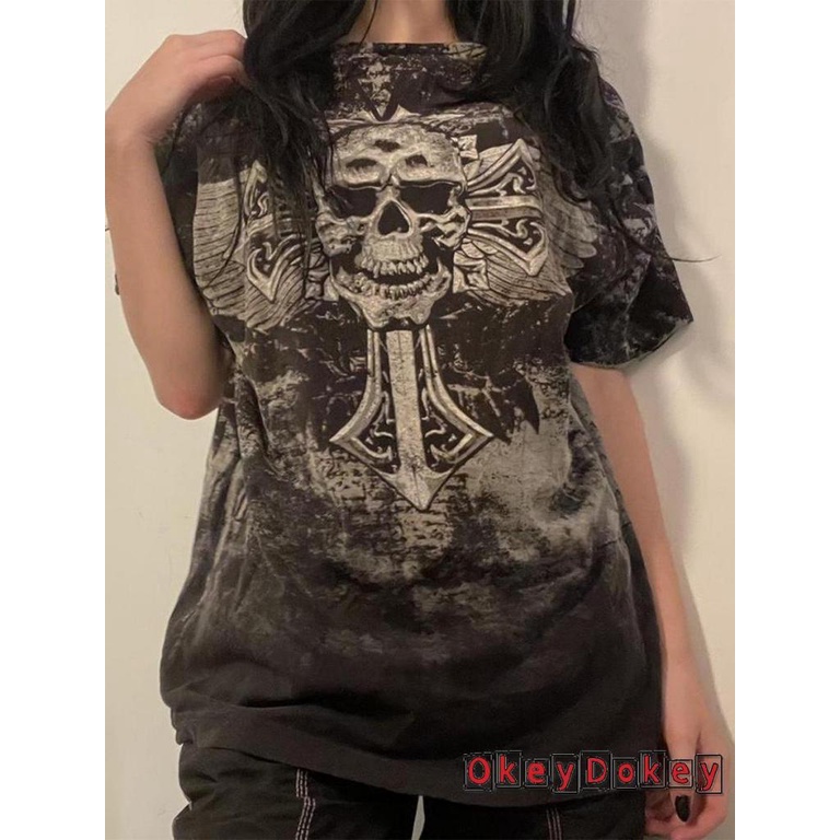 Áo Thun Nữ Tay Ngắn In Hình Đầu Lâu Phong Cách gothic Thời Trang okdk-y2k