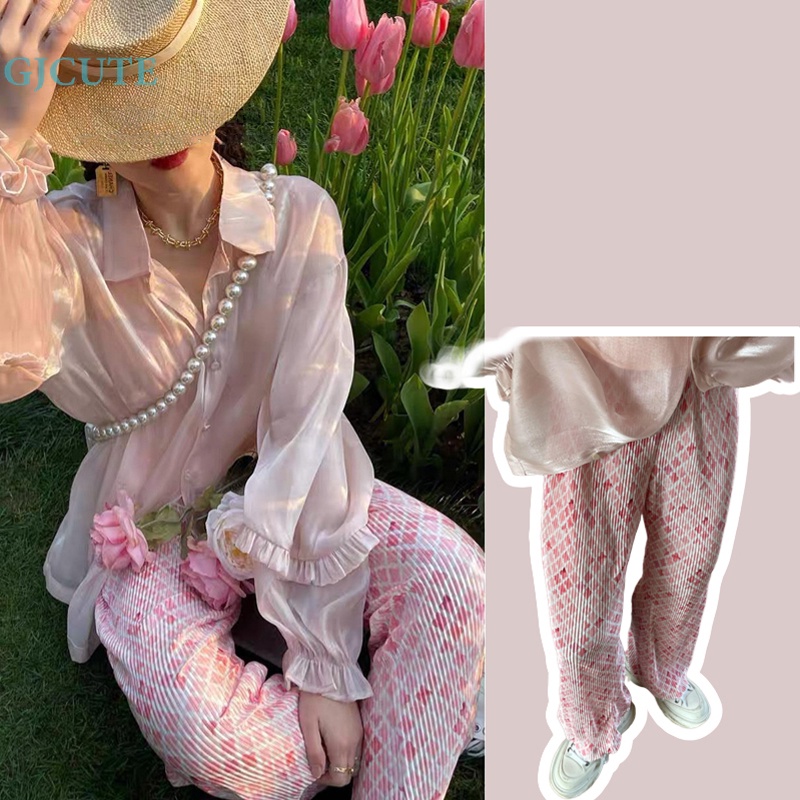 Gjcute Quần Ống Rộng Xếp Ly Cạp Cao Bằng Lụa Lạnh Hình Kim Cương Đơn Giản Cho Nữ Wd