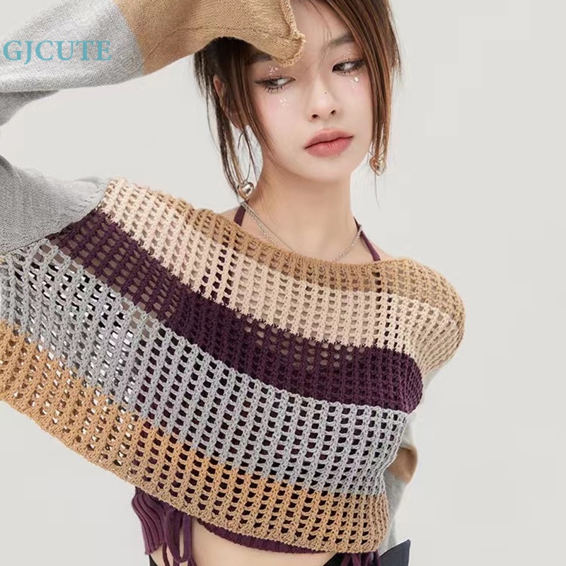 Áo Croptop Dệt Kim Tay Dài Dáng Rộng Họa Tiết Kẻ Sọc Thời Trang Mùa Hè Cho Nữ