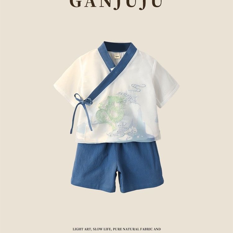 Bộ Trang Phục Hai Mảnh Áo Tay Ngắn Phong Cách hanfu Trung Hoa Cổ Điển Mùa Hè Hàng Mới Phong Cách Nhật Bản Dành Cho Bé Trai