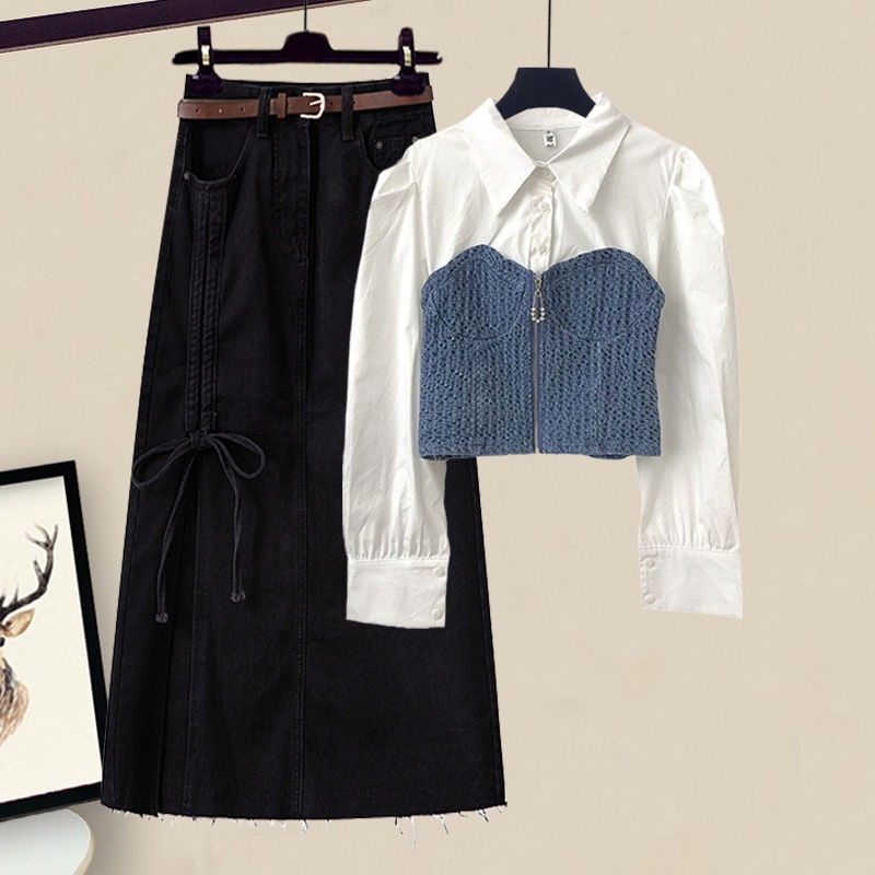 Bộ Áo Sơ Mi Giả Hai Mảnh + Chân Váy denim Mỏng Phong Cách Mới Mùa Xuân 2023 Cho Nữ#0828#