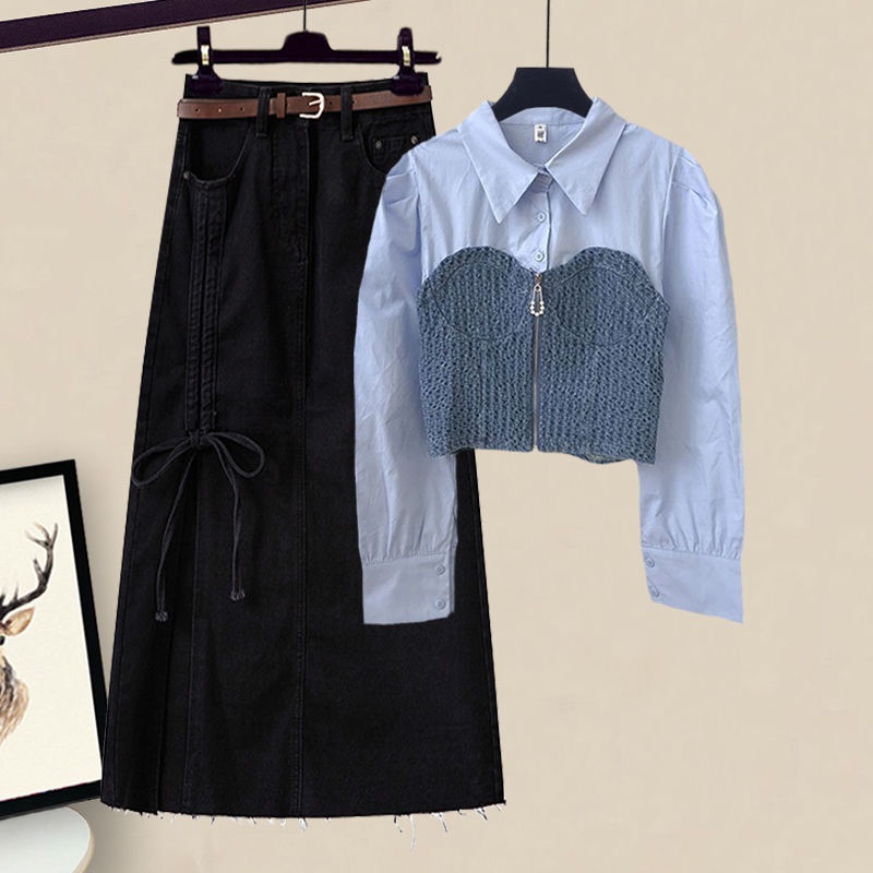 Bộ Áo Sơ Mi Giả Hai Mảnh + Chân Váy denim Mỏng Phong Cách Mới Mùa Xuân 2023 Cho Nữ#0828#