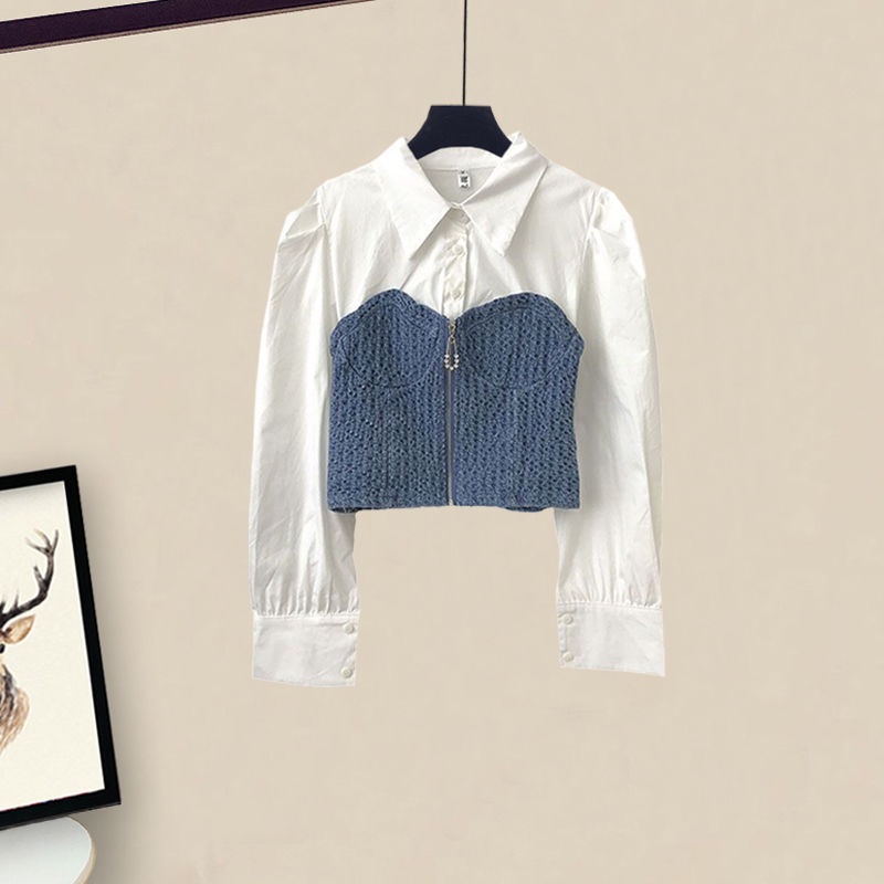 Bộ Áo Sơ Mi Giả Hai Mảnh + Chân Váy denim Mỏng Phong Cách Mới Mùa Xuân 2023 Cho Nữ#0828#