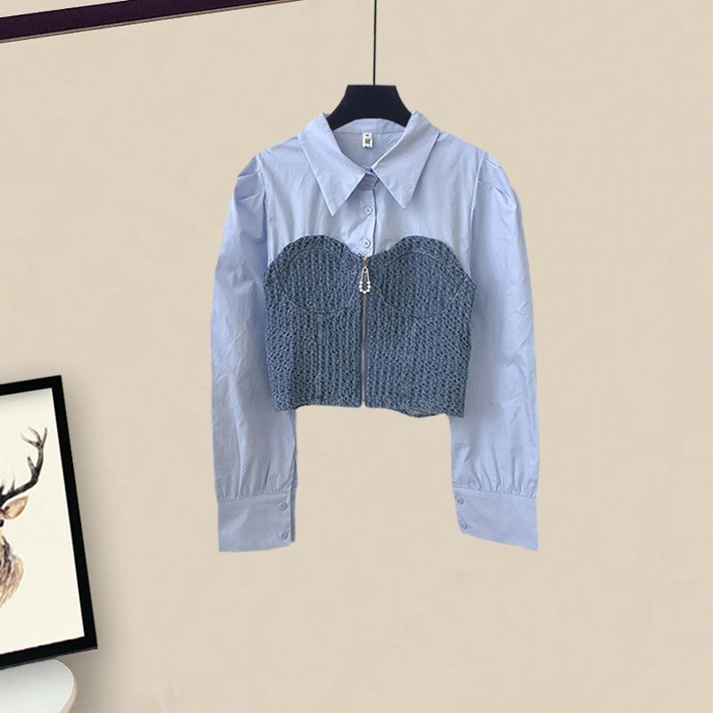 Bộ Áo Sơ Mi Giả Hai Mảnh + Chân Váy denim Mỏng Phong Cách Mới Mùa Xuân 2023 Cho Nữ#0828#