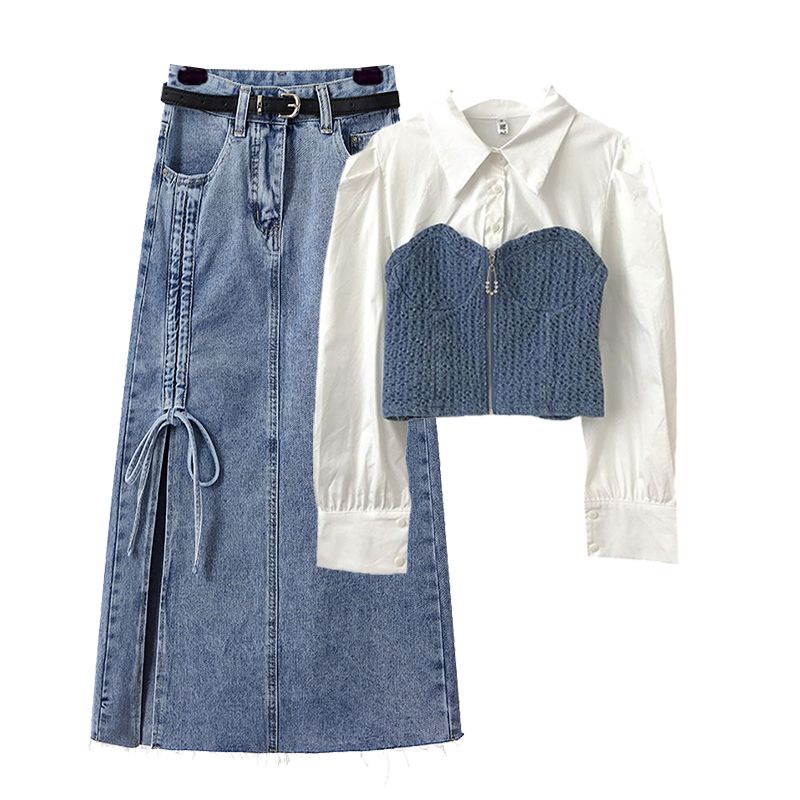 Bộ Áo Sơ Mi Giả Hai Mảnh + Chân Váy denim Mỏng Phong Cách Mới Mùa Xuân 2023 Cho Nữ#0828#